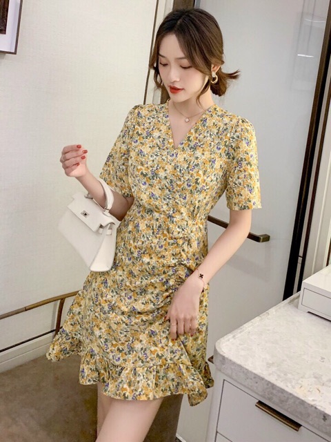 Đầm Vàng Hoa Nhí Nhún Thun Đùi_ Đầm Dự Tiệc Siêu Xinh | BigBuy360 - bigbuy360.vn