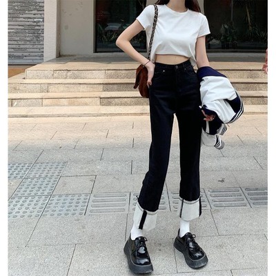 Quần denim đen lưng cao thời trang mùa thu 2021