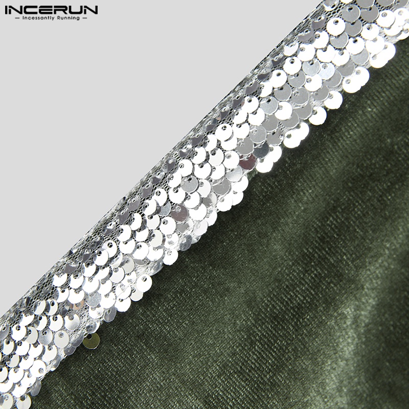 INCERUN Bộ Áo Ngắn Tay Cổ Tròn Đính Kim Sa + Quần Short Lưng Thun Thời Trang