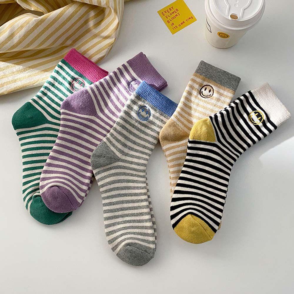 Vớ Ngủ Cotton Kẻ Sọc Thêu Hình Mặt Cười Dễ Thương Phong Cách Đại Học VANES1