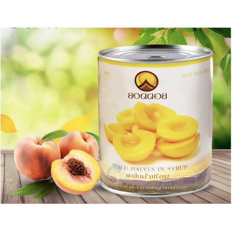 Trái Đào ngâm nước đường Boddob Thái lon 820g. Yellow Peach Halves in syrup. Nguyên liệu trà đào, trà sữa, bánh kem