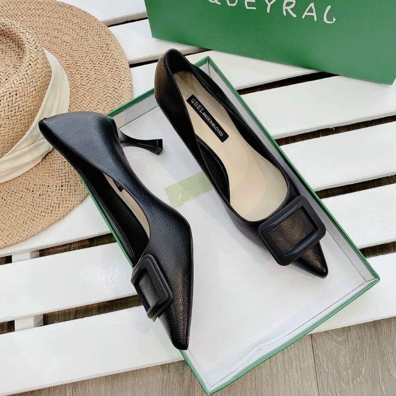 giày cao gót da mềm gót nhọn 7cm đen be