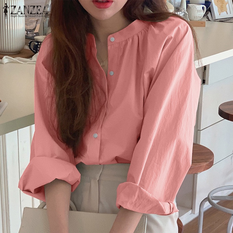 Áo kiểu ZANZEA cổ tròn dáng rộng màu trơn có nút cài thời trang thường ngày cho nữ