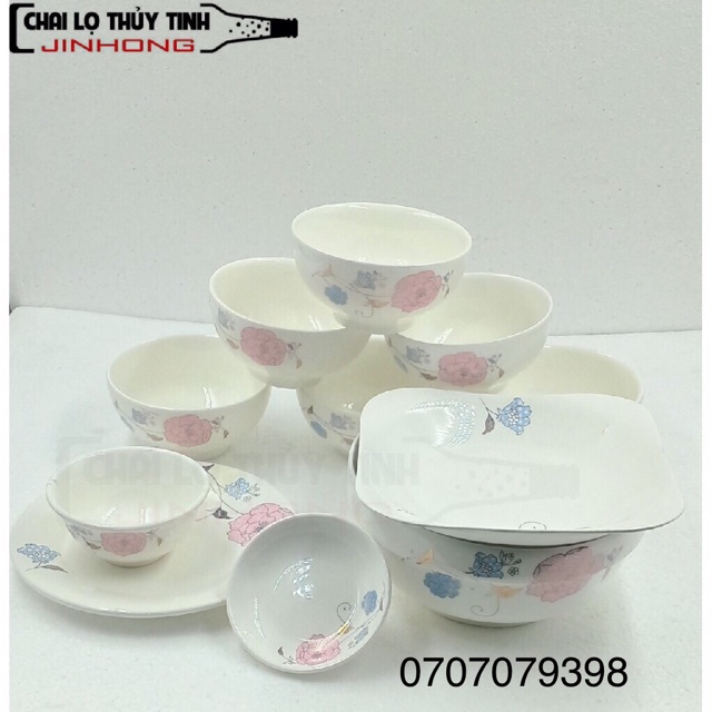 BỘ CHÉN BÁT 11 MÓN - in hoa văn nổi xanh hồng