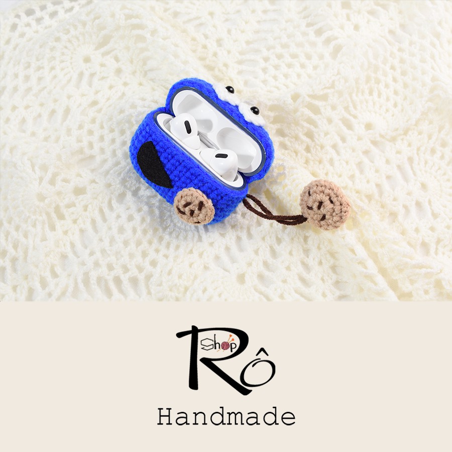 Túi đựng tai nghe Airpods Pro len Handmade, vỏ bảo vệ hình quái vật xanh ăn bánh qui Cookie Monster [Ảnh thật+Hàng sẵn]