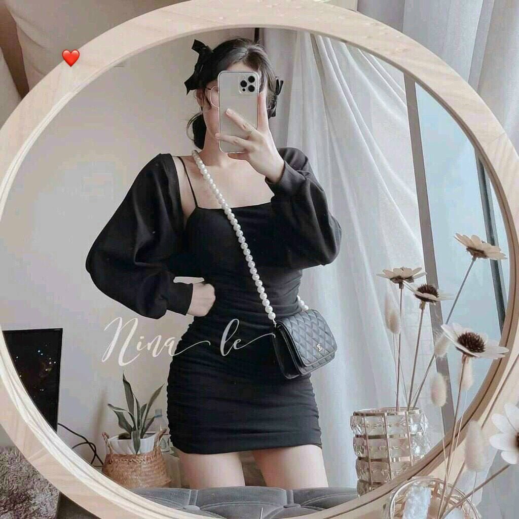 SÉT ĐẦM 2 DÂY NHÚN XẾP LY SƯỜN, KÈM ÁO KHOÁC CROPTOP CÁNH DƠI SIÊU XINH FSHP17