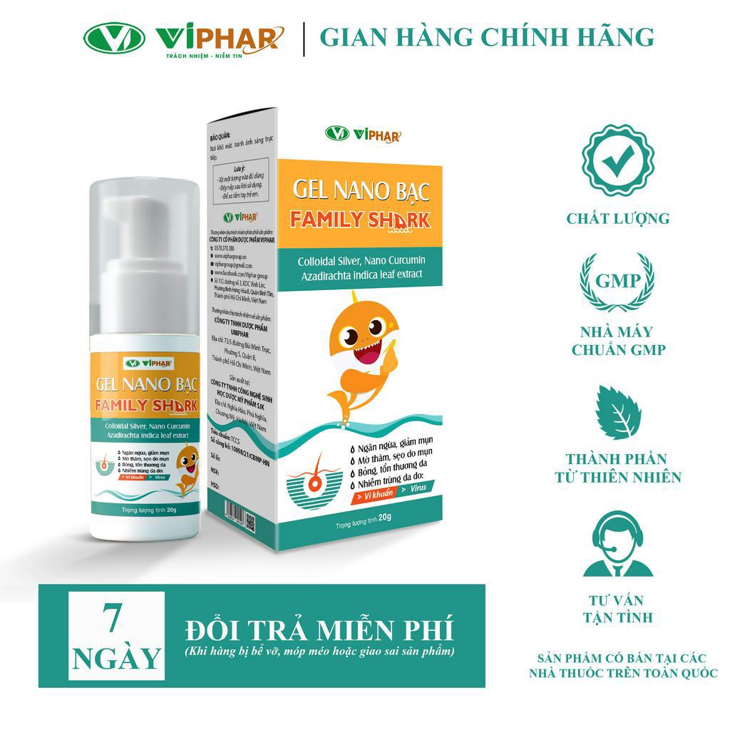 Gel Bôi Da Ngăn Ngừa Mụn, Giảm Thâm Sẹo Do Mụn, Viêm Da, Bỏng Da, Cháy Nắng Gel Nano Bạc Family Shark VIPHAR Tuýp 20g