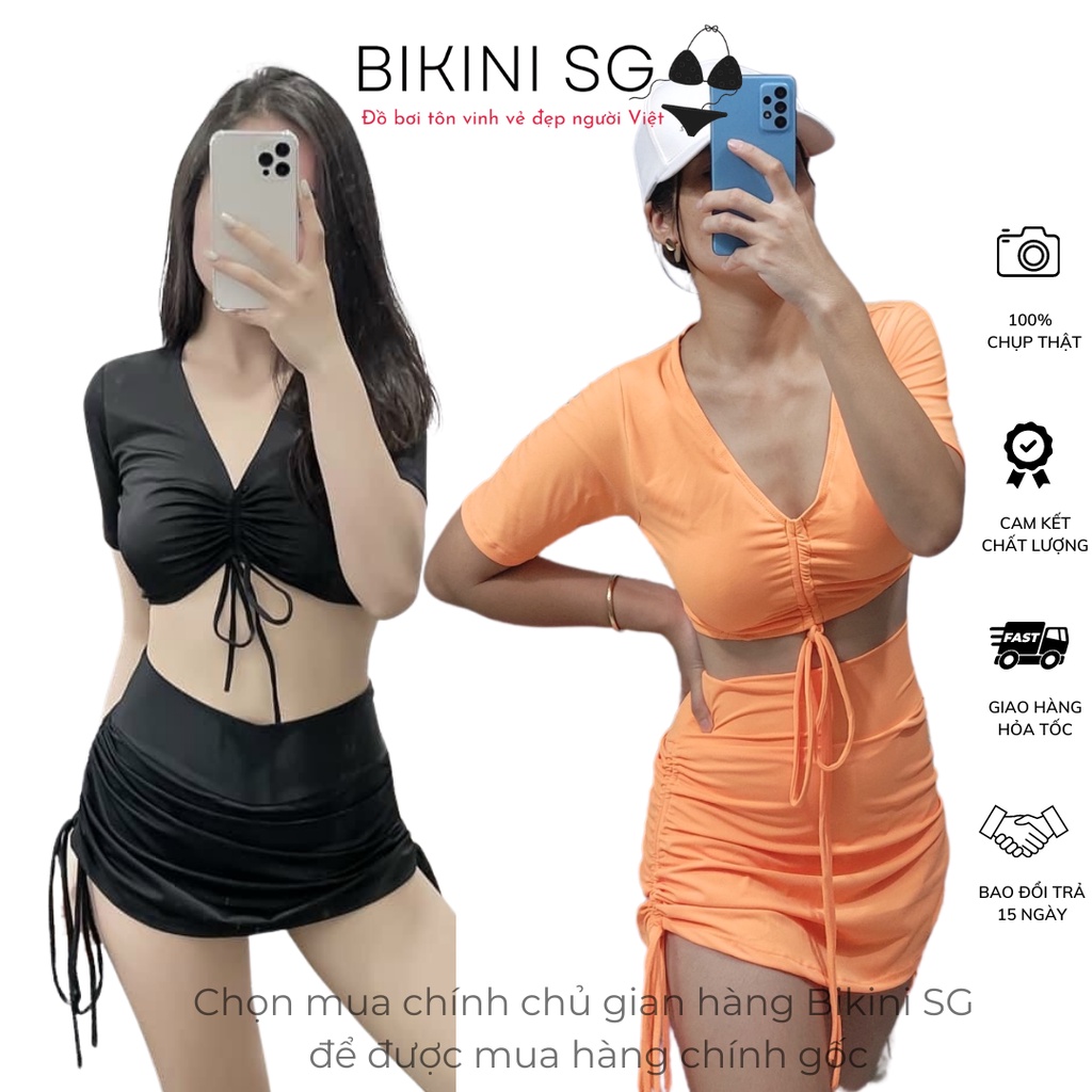 (hàng loại 1) Đồ bơi nữ bikini 2 mảnh ngắn tay croptop phối chân quần váy dây rút nhiều màu đi biển đẹp BIKINI SÀI GÒN