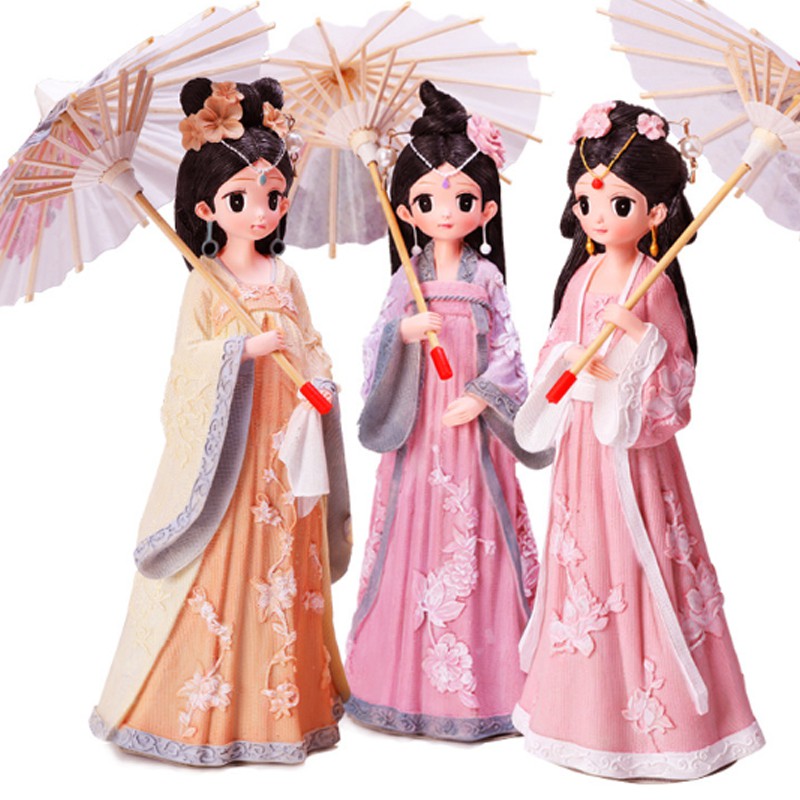 Tượng chibi thiếu nữ cổ trang che ô 3D sinh động 25cm