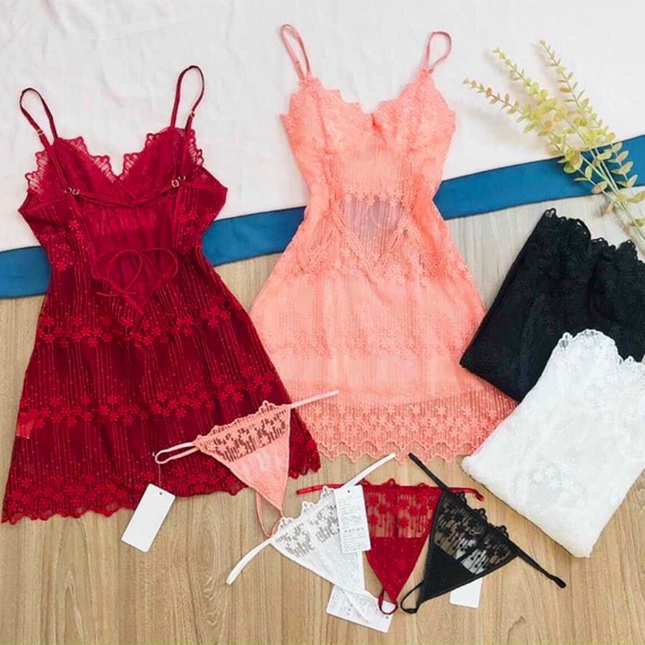 Váy ngủ sexy ren hoa nhí ngực úp sò có lót trong màu đỏ đậm quyến rũ