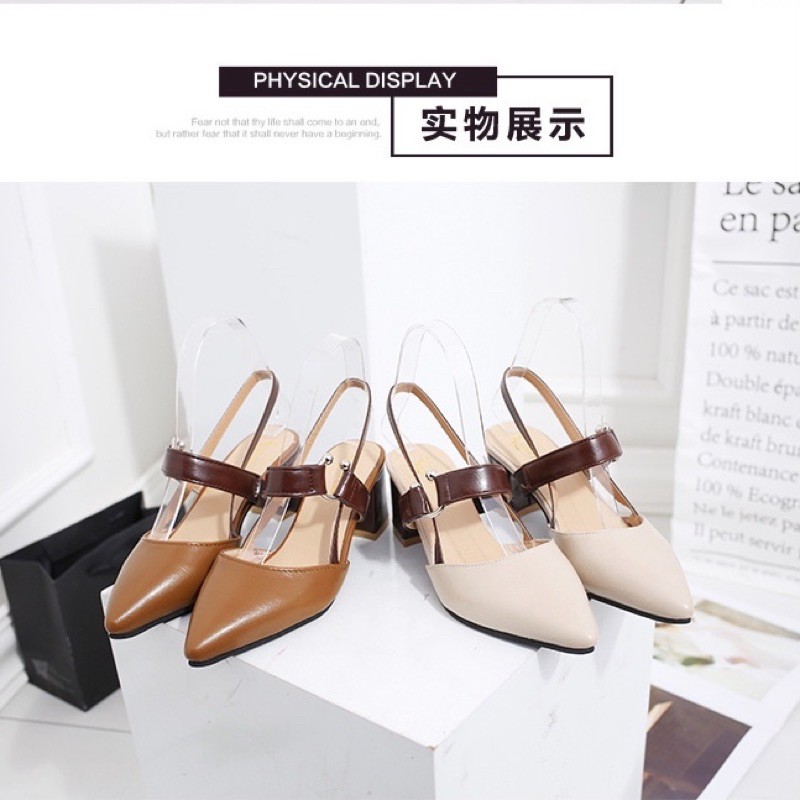 Giày cao gót vuông 7p bít mũi quai ngang nâu khóa gài bác sĩ