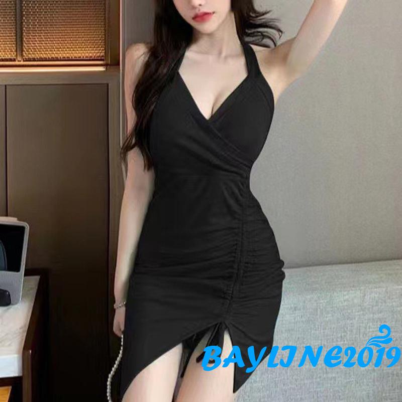 BAY-Women´s Summer Temperament Slim Dress Solid Color Halter Neck V Neck Drawstring Design Dress