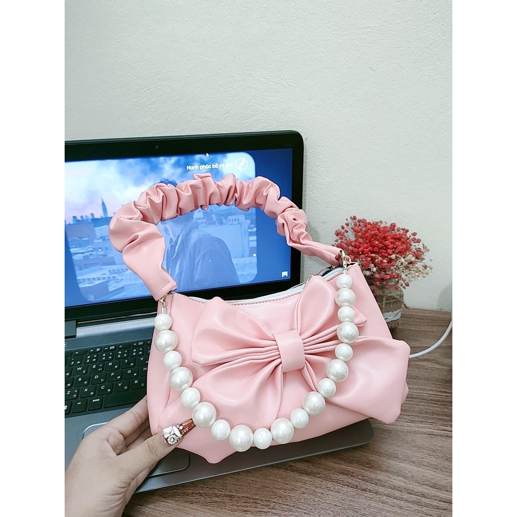 TÚI NỮ KẸP NÁCH QUAI RÚM HÌNH NƠ KÈM HẠT NGỌC SIÊU XINH, ĐEO VAI, NƠ TO DA MỀM MỊN TIỂU THƯ XINH ĐẸP