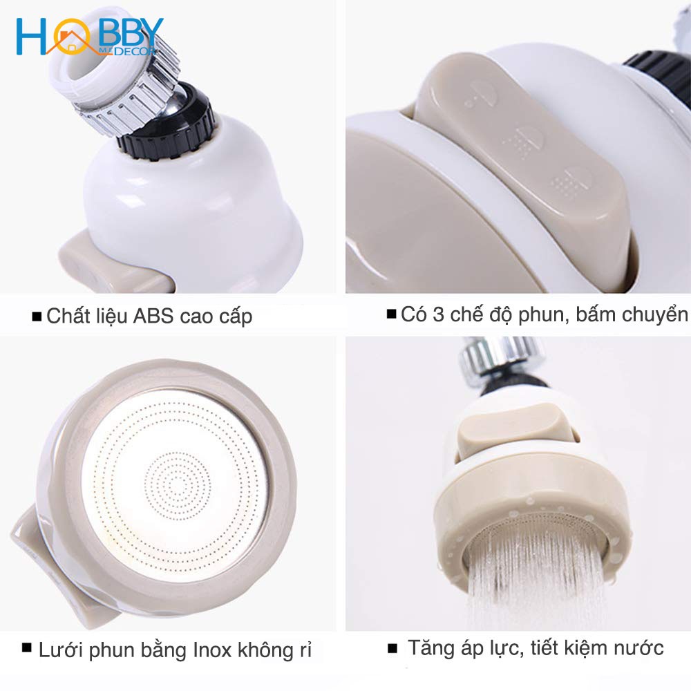 Đầu vòi tăng áp rửa bát HOBBY Home Decor VSTA1 - 3 chế độ phun cực mạnh- xoay được (ren vặn 22 -24mm)