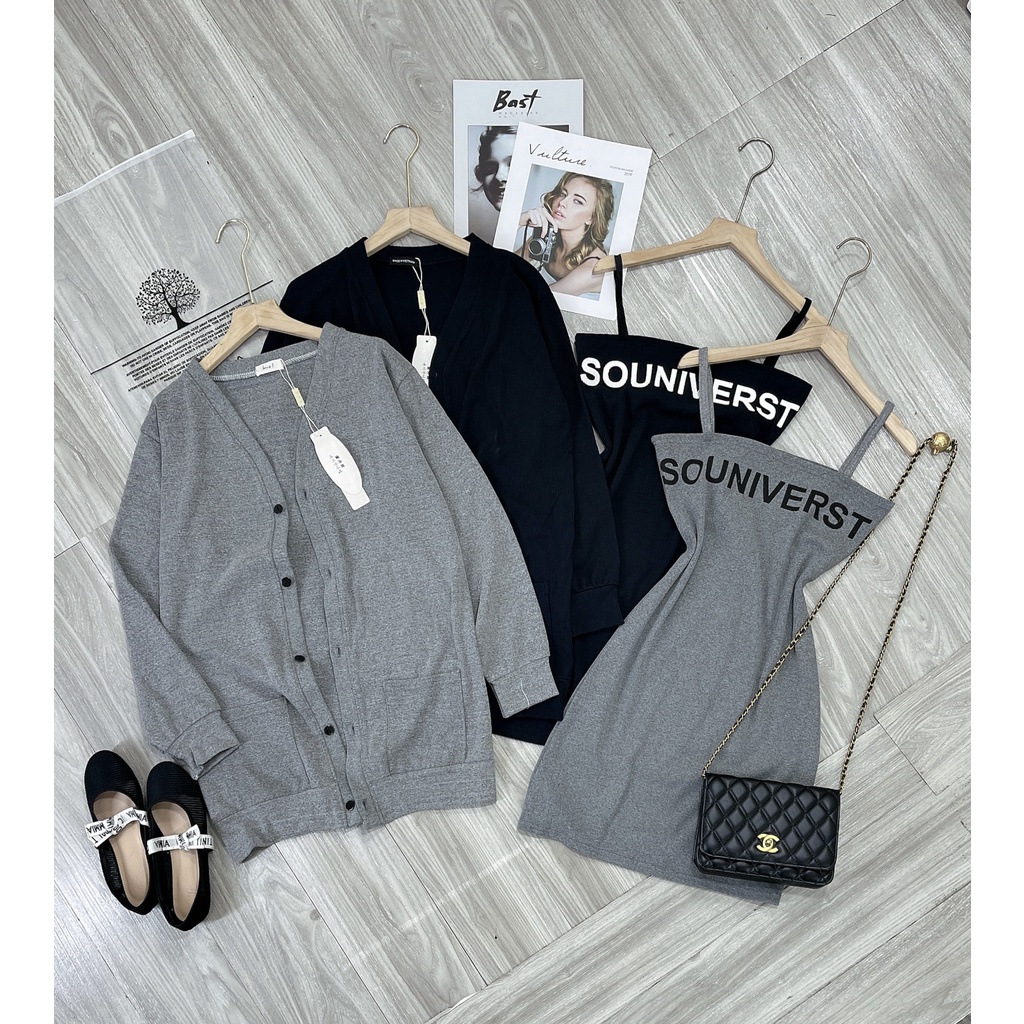 Set váy áo khoác len mongtoghi váy 2 dây body dáng dài nữ