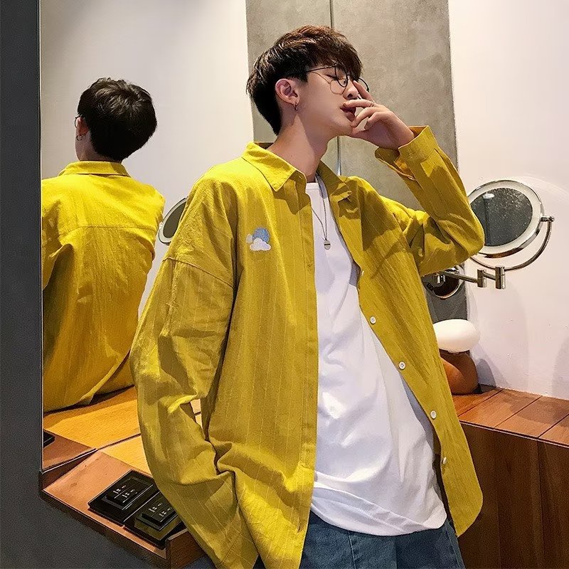 Áo Sơ Mi Tay Dài Cổ Vuông Họa Tiết Kẻ Sọc 4 Màu Sắc Thời Trang Mùa Thu Nhật Bản Cho Nam Giới Có Size M-2XL