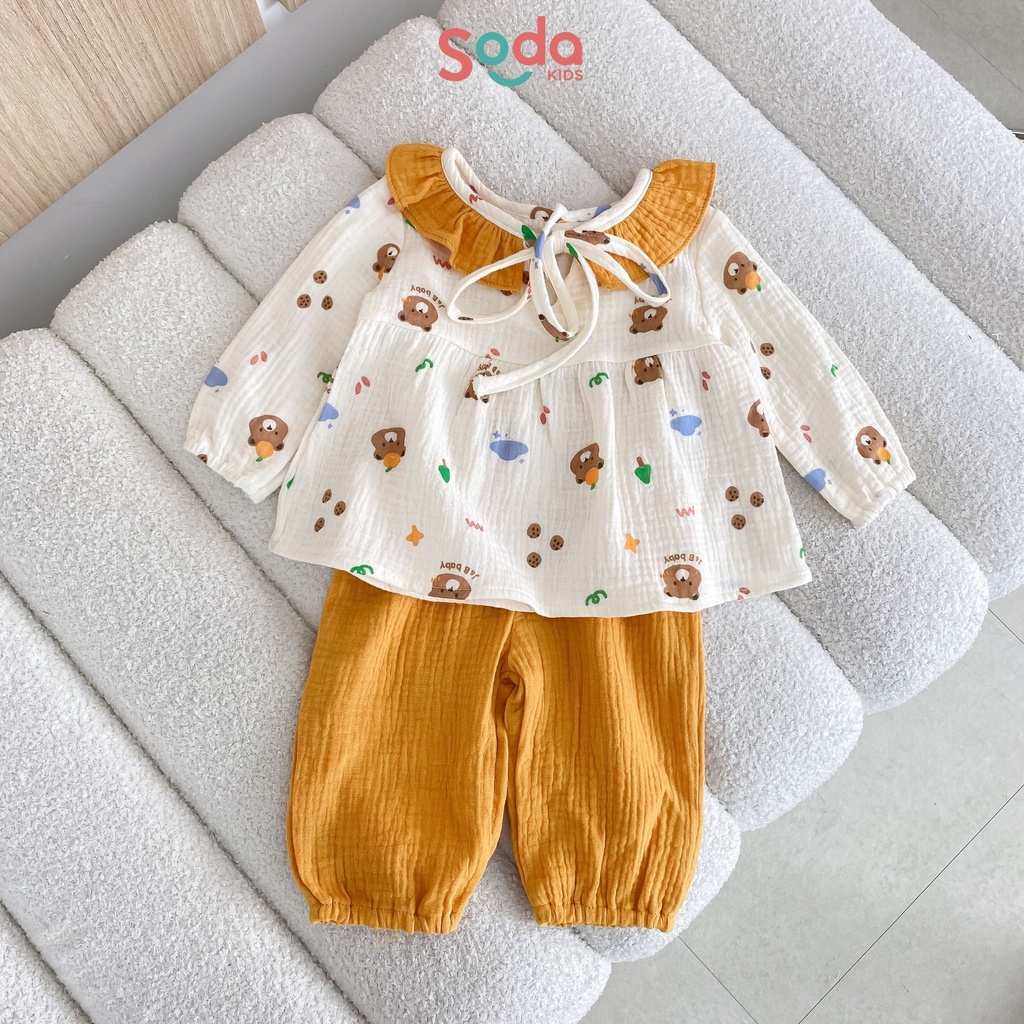Pijama bé gái SODA KIDS Minnie chất liệu xô Muslin cổ bèo