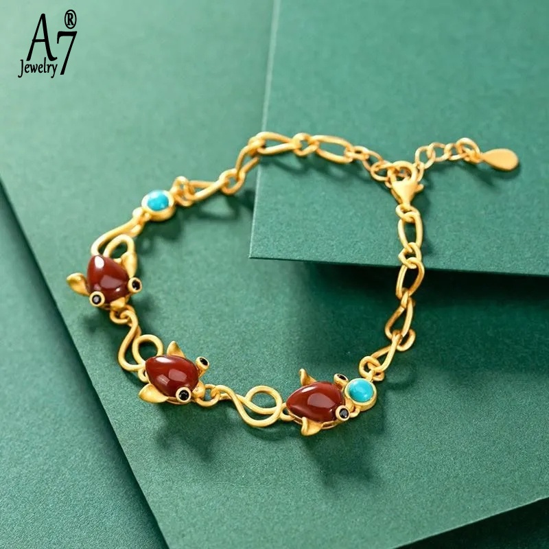 Vòng Tay Mạ Bạc 925 Hình Cá Đính Đá Ngọc Lam/Đá A7 S925 Thời Trang Cho Nữ