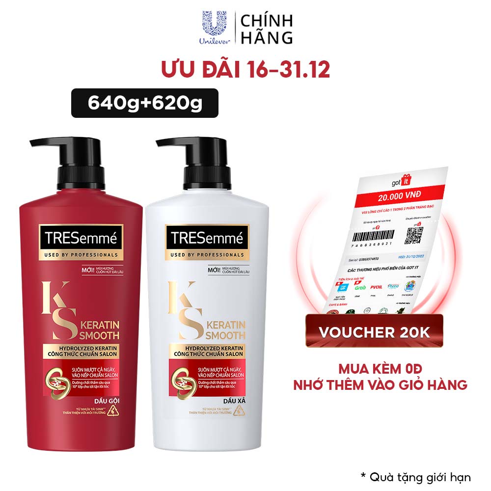 Combo Dầu Gội, Dầu Xả TRESEMME Keratin Smooth Dưỡng tóc khô xơ rối Công thức chuẩn salon Vào Nếp Suôn Mượt 640g, 620g