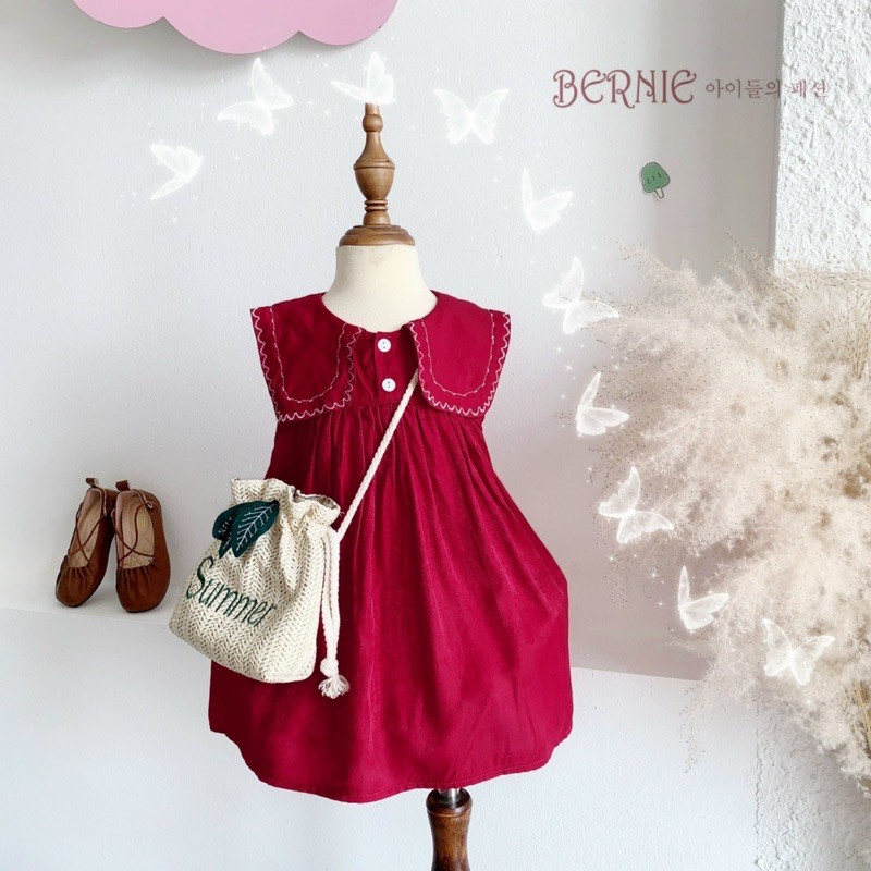 (Xả lẻ size)  Đầm Bé Gái Cổ Thủy Thủ Thêu Viền, Váy Babydoll Chất Đũi Hàn Mặc Mùa Hè Thoáng Mát - ShopGo