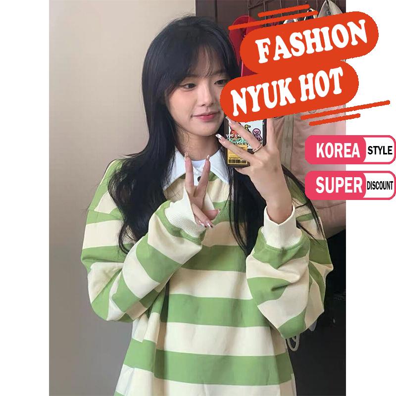 Áo Sơ Mi Tay Dài Cổ Polo Form Rộng Họa Tiết Kẻ Sọc Thời Trang Hàn Quốc Cho Nữ | BigBuy360 - bigbuy360.vn