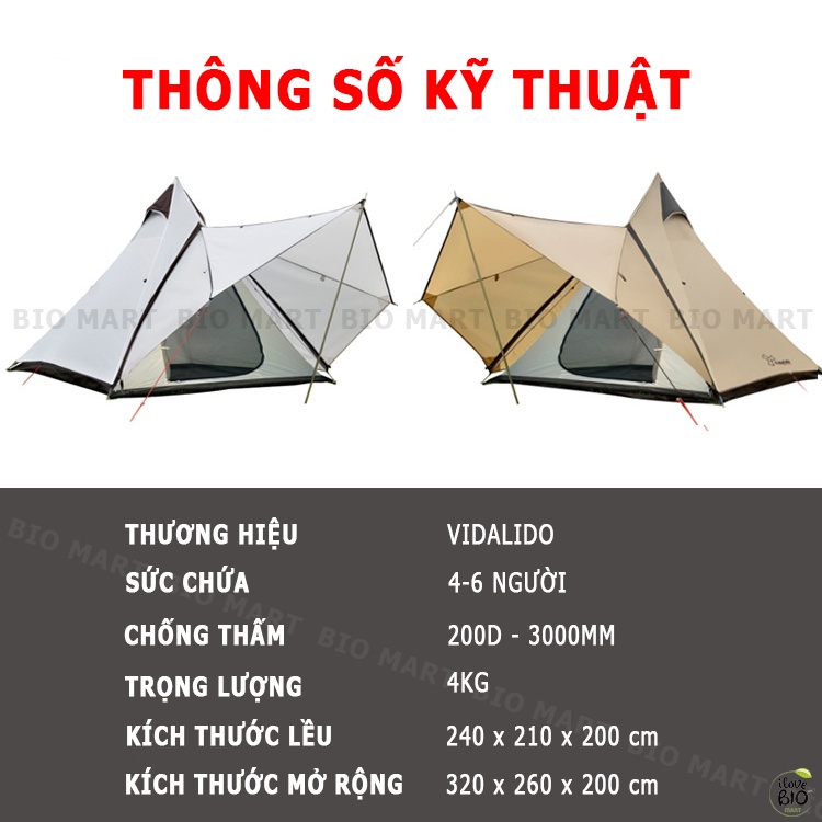 Lều Cắm Trại Lều Dã Ngoại Vidalido 4-6 Người 2 Cửa Thông Thoáng – Lều Mái Che Đi Phượt Chống Thấm Chống Tia UV - P019 | BigBuy360 - bigbuy360.vn
