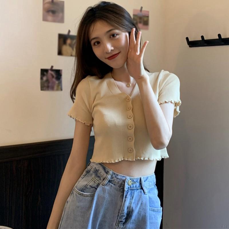 Áo croptop dệt kim tay ngắn cổ chữ V cài nút thời trang dành cho nữ