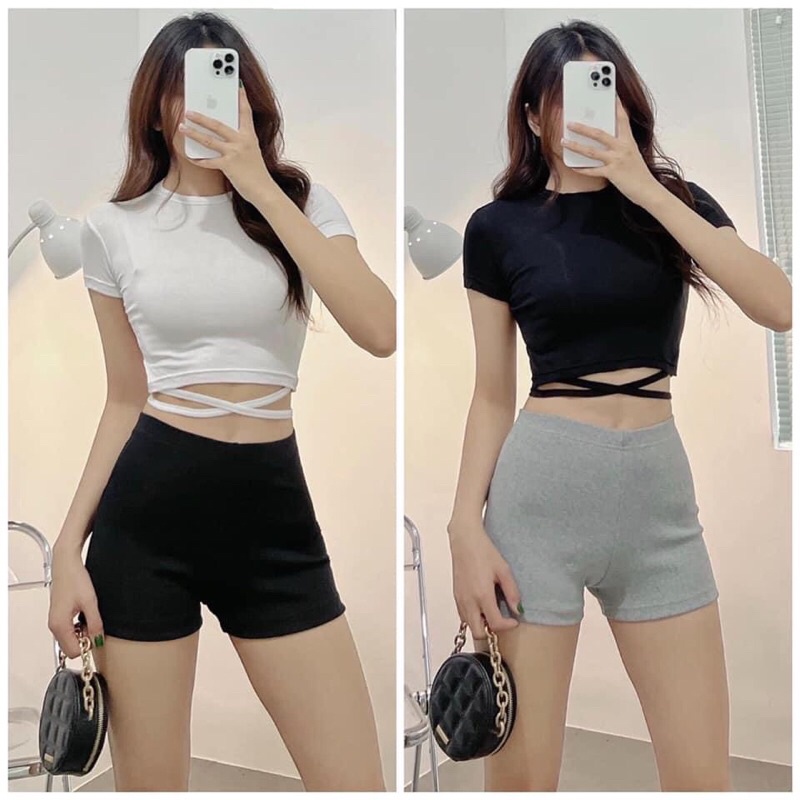 Áo kiểu croptop tay ngắn cổ tròn phối dây buộc bụng trending