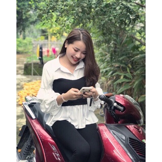 Áo sơ mi tay bồng phối đen trắng
