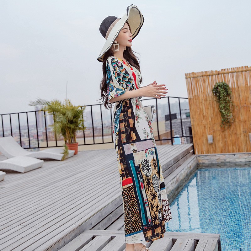 Đầm cổ V dáng dài chất liệu chiffon thời trang biển phong cách bohemian cho nữ | BigBuy360 - bigbuy360.vn