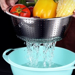 Rổ inox 304 kèm chậu nhựa cứng rửa rau vo gạo màu hồng xanh da trời xanh lá nhạt phong cách Hàn Quốc size 20cm 23cm 26cm