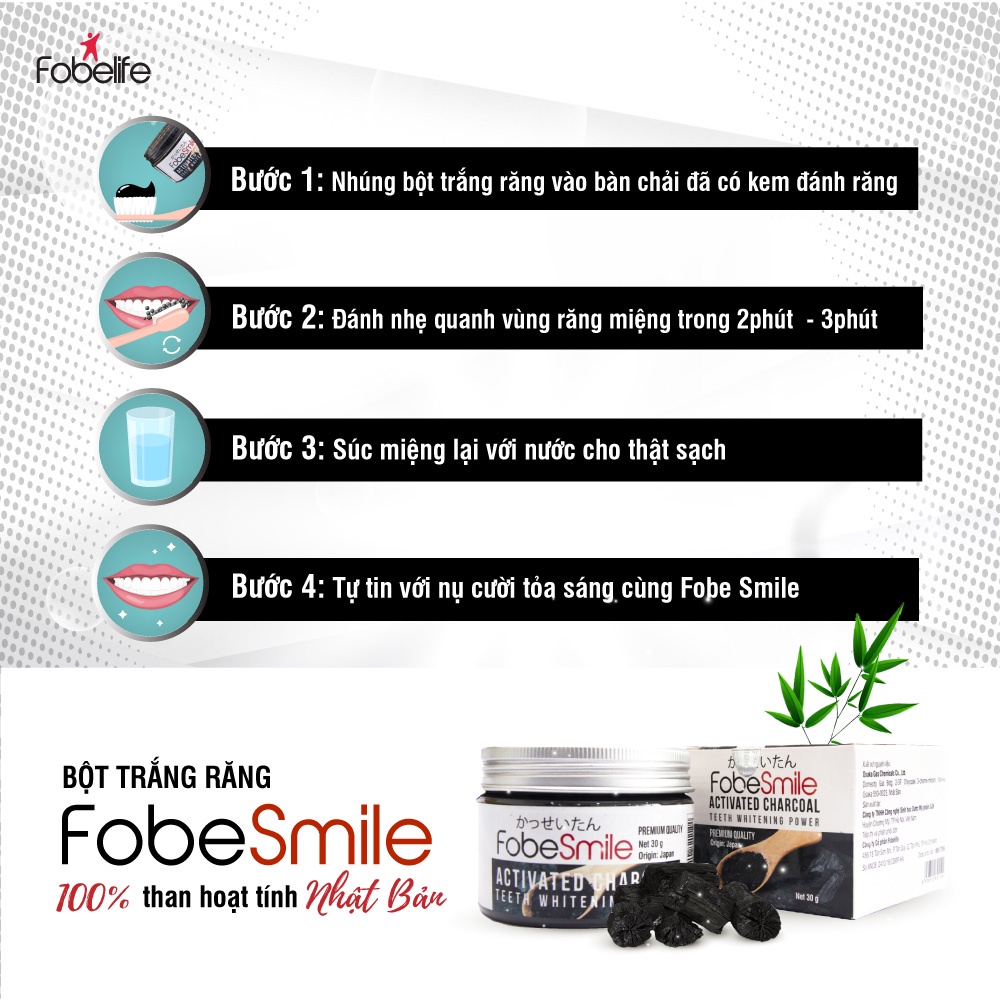 Bột Than Hoạt Tính Trắng Răng Fobe smile - Nhập khẩu Nhật Bản Giúp trắng răng hiệu quả