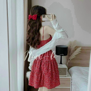 Set đầm hoa nhí 2 dây kèm áo khoác thun gân