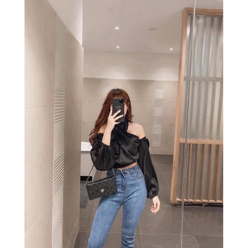 Áo sơ mi vạt chéo croptop