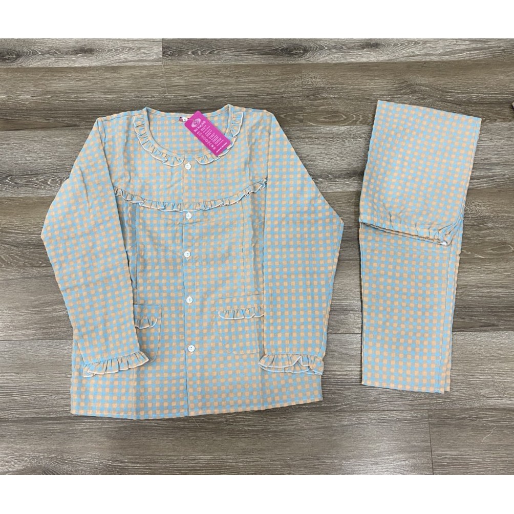 Bộ dài bầu sau sinh thô kẻ cúc giữa free size 45-55kg