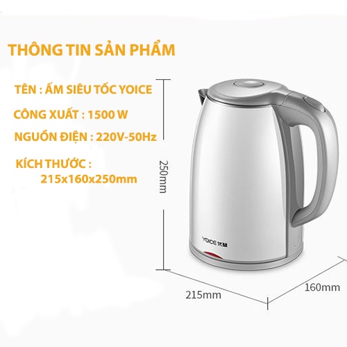 Ấm siêu tốc, Bình đun nước siêu tốc YOICE 1,8L cách điện, cách nhiệt, an toàn sử dụng công suất 1500W