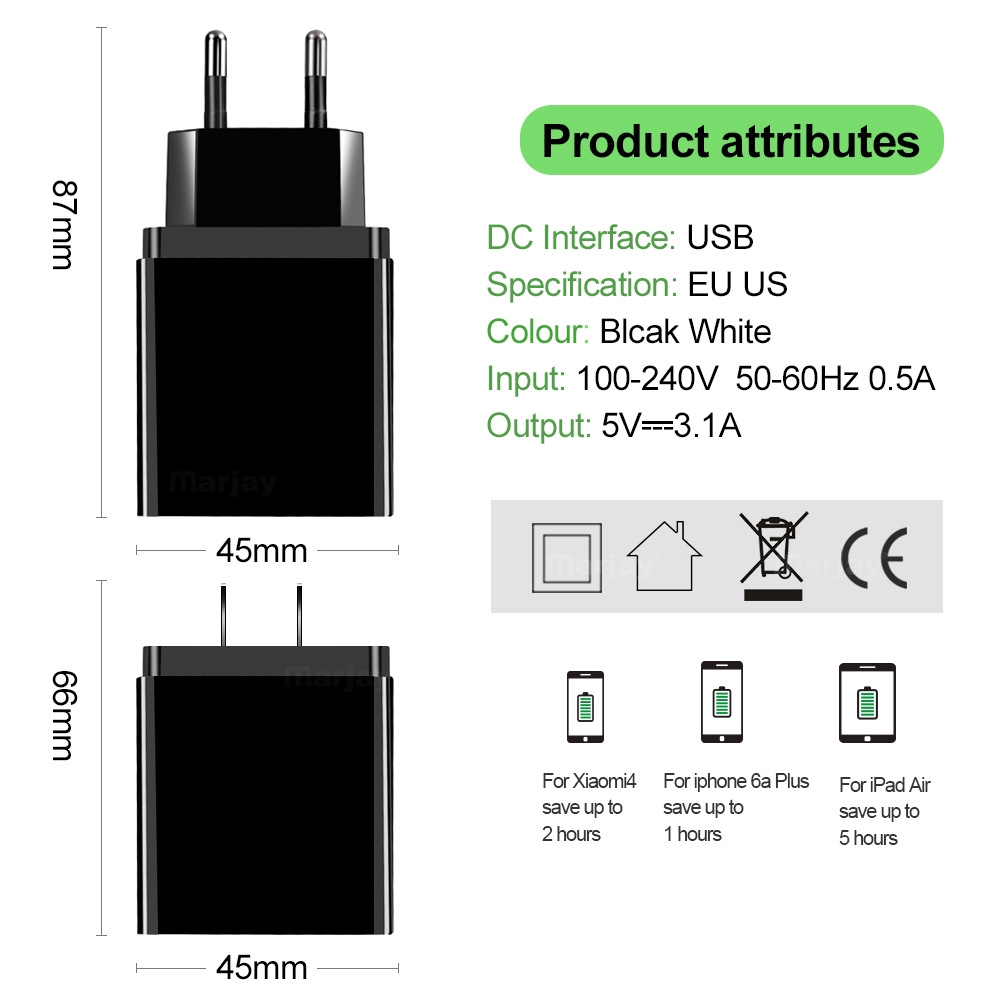 5 V / 3.1 A (max.) 3-Port USB Phone Charger LED Display Wall Fast Charging Adapter EU/US Plug Ⓡ