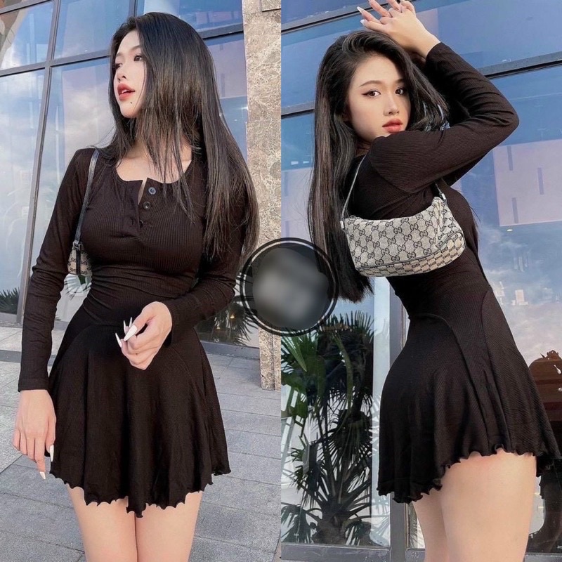 Đầm Xoè Vạt Cắt Đắp Chắp Bèo Xoè Tay Dài