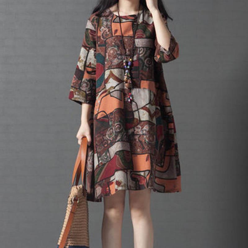 【COD】Women Dresses Plus Size Retro Print Dress Casual Cotton Linen Dresses Korean-style Dress Women