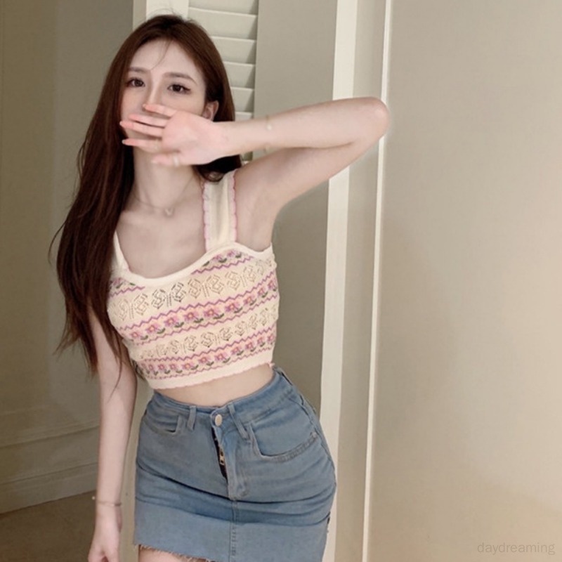 Áo Croptop Dệt Kim Không Tay Ôm Dáng Phong Cách Retro Dành Cho Nữ