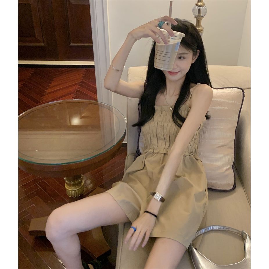 Summer 2022 new khakis children wear high waist wide leg jumpsuits loose show thin straps casual shorts