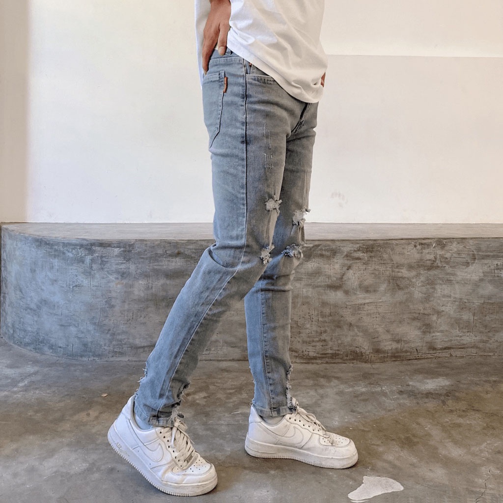 Quần jean nam rách gối gấu co giãn tốt màu xanh đậm Pon.mens