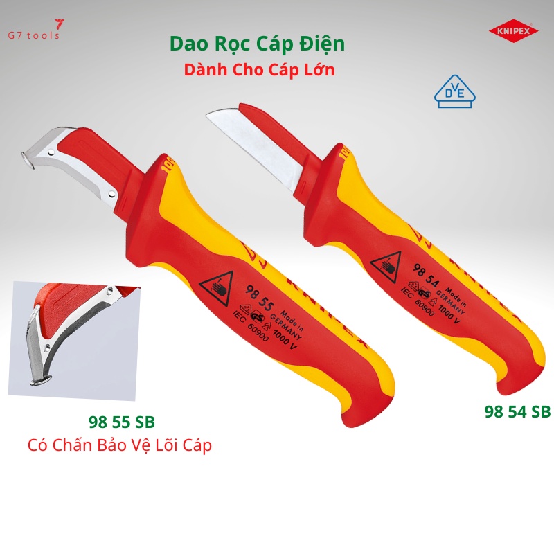 Dao Rọc Cáp Điện Đầu Có Chấn Bảo Vệ Knipex 98 55 SB và Dao Rọc Cáp Điện Knipex 98 52 SB