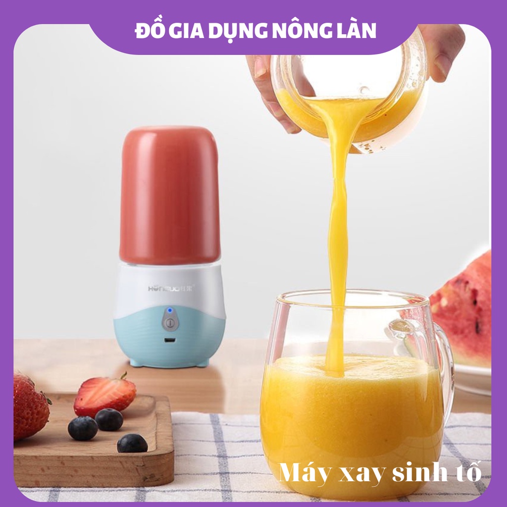 Máy xay sinh tố HONGUO mini cầm tay sử dụng pin sạc USB, máy xay hoa quả 6 lưỡi giao cao cấp chính hãng NONGLAN