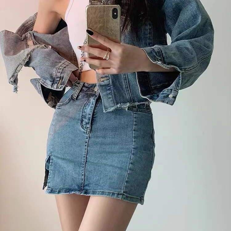 Jiashucheng Chân Váy Denim Ngắn Dáng Chữ A Xẻ Tà Co Giãn Phong Cách Mới 2022