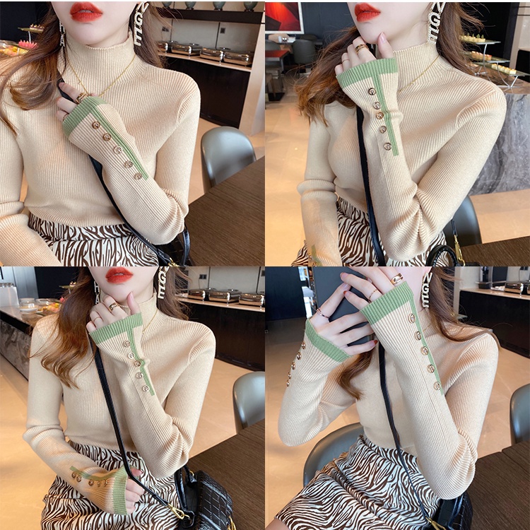 SUXI Áo len cổ cao màu sắc đơn giản cho nữ