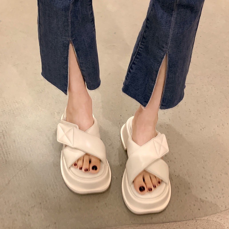 Jiashucheng Dép Sandal Đế Dày Mũi Vuông Quai Chéo Thời Trang Mùa Hè Cho Nữ