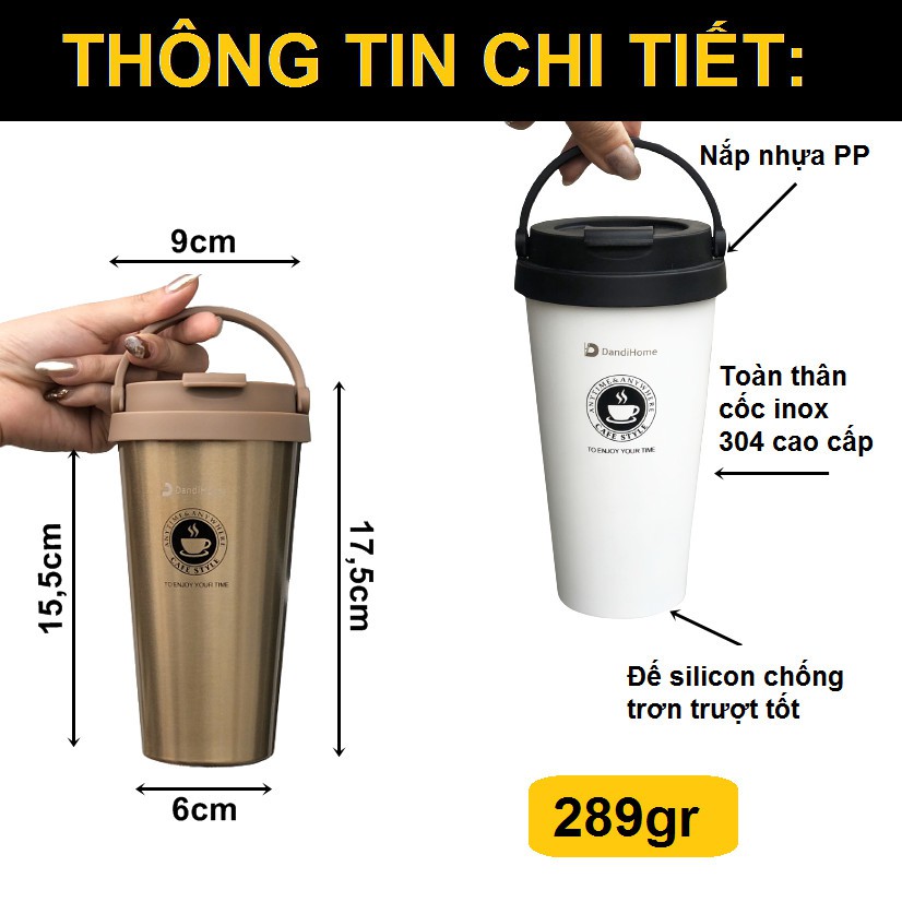 Cốc cách nhiệt, giữ nhiệt DandiHome inox 304 (500ml)