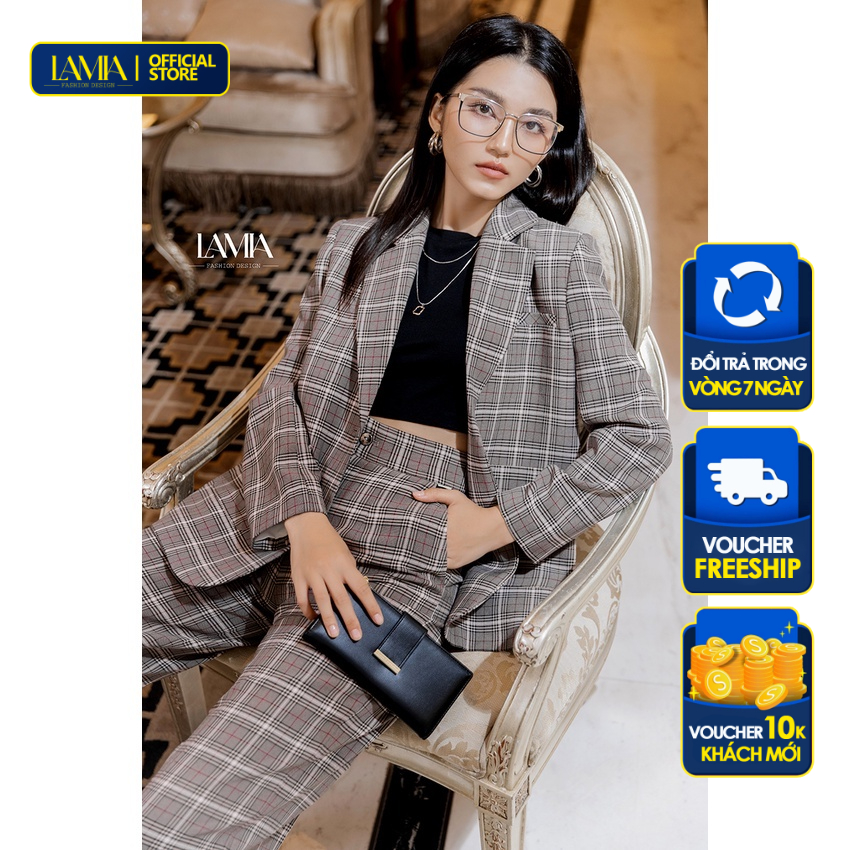 Set vest công sở nữ Lamia Design LE169 màu ghi họa tiết kẻ dáng suông hiện đại sang trọng