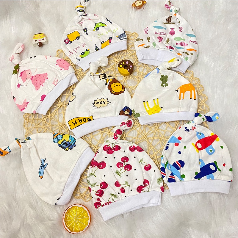 Mũ cotton cho bé sơ sinh thắt nút họa tiết dễ thương_MU18